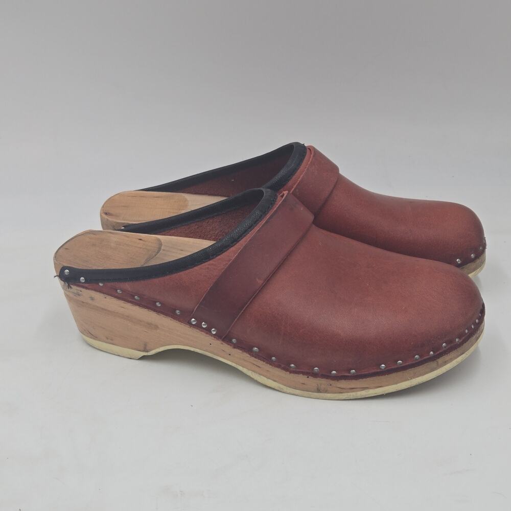 Vintage Bastad Wooden Clog Brown Leather Made in Sweden Slip On Womens 36 US 6